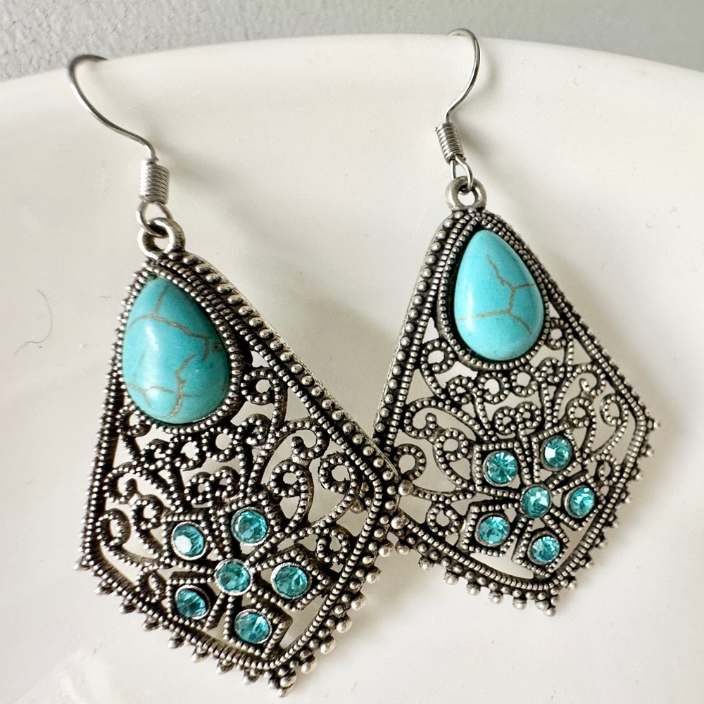 Elegant Silver and Turquoise Earrings 2.5 inches